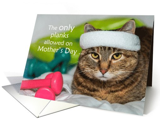 Funny Exercise Kitty with White Headband and Weights Mother's Day card