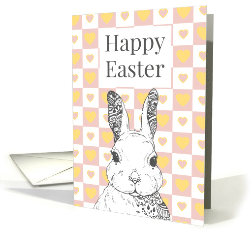 Happy Easter Cute Bunny Drawing With Pastel Hearts Patterned card