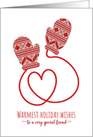 Red Mittens and Heart String for Friend Christmas card