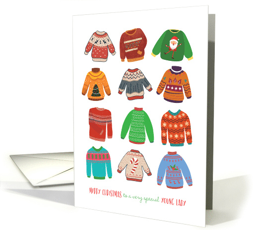 Christmas to Young Lady Cute Ugly Sweaters Warm Toasty Jolly card