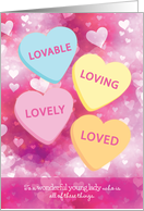 Valentine Young Lady Lovable Loving Lovely Loved Conversation Hearts card