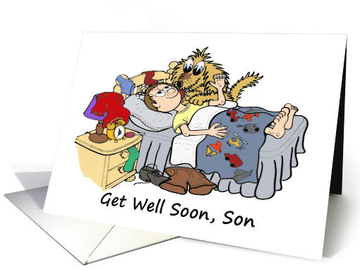 Get Well Cartoon of Son in Bed and Pet Dog card (1516200)