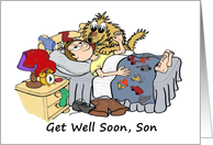 Get Well Cartoon of Son in Bed and Pet Dog card