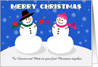 Merry First Christmas Together Custom Name Cute Couple Snowman card
