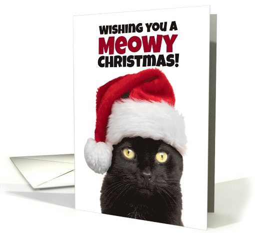 Meowy (Merry) Christmas Cute Black Cat in Santa Hat Humor card