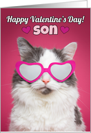 Happy Valentine’s Day Son Cute Cat in Heart Sunglasses card