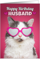Happy Birthday Husband Cute Cat in Heart Glasses card