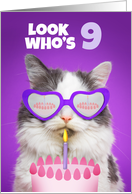 Happy Birthday 9 Year Old Cute Cat WIth Cake Humor card