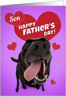 Happy Father’s Day Son Cute Black Lab with Hearts Humor card