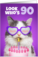 Happy Birthday 90 Year Old Cute Cat WIth Cake Humor card