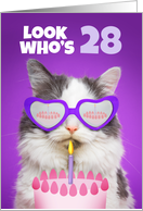 Happy Birthday 28 Year Old Cute Cat WIth Cake Humor card