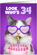 Happy Birthday 34 Year Old Cute Cat WIth Cake Humor card