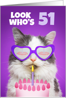 Happy Birthday 51 Year Old Cute Cat WIth Cake Humor card