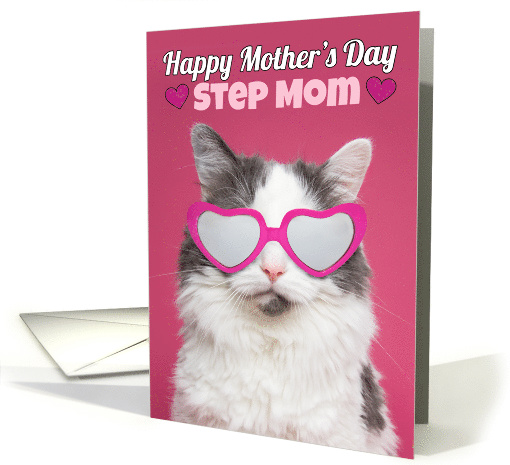 Happy Mother's Day Step Mom Cute Cat in Heart Glasses Humor card