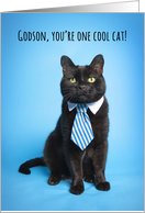 Happy Father’s Day Godson Cute Cat in Blue Tie Humor card