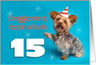 Happy 15th Birthday Yorkie in a Party Hat Humor card