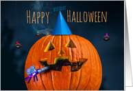 Happy Birthday Halloween Jack o’ Lantern with Spiders in Party Hats card