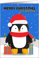Merry Christmas Son Penguin With Gifts in the Snow card