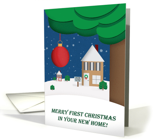 Merry First Christmas in Your New Home Winter Houses Illustration card