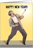 Happy New Year Funny Old Guy Play Guitar on Cane Humor card