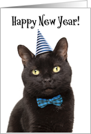 Happy New Year For Anyone Cute Black Cat in Tie and Hat Humor card