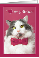 Happy Valentine’s Day Girlfriend Cute Cat in Pink Bow Tie Humor card