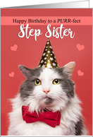 Happy Birthday Step Sister Cute Cat in Party Hat and Bow Tie Humor card