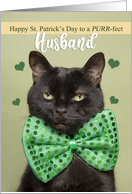 Happy St. Patrick’s Day Husband Cute Black Cat in Green Bow Tie card