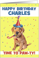 Happy Birthday Custom Name Cute Labrador Puppy in Party Hat card