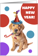 Happy New Year Cute Red Fox Labrador Puppy in Party Hat card