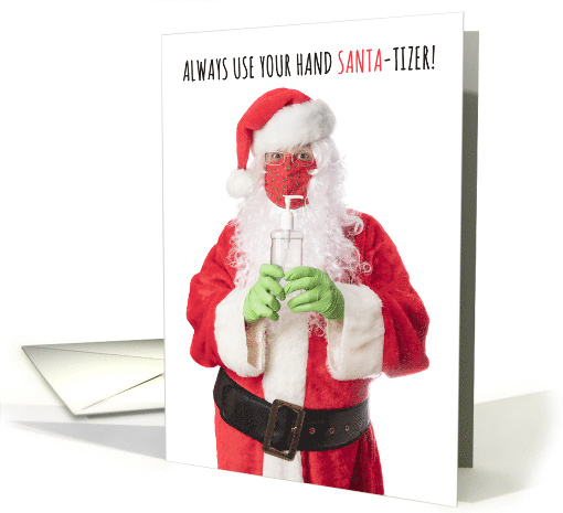 Merry Christmas Santa in Face Mask Holding Hand Sanitizer Humor card