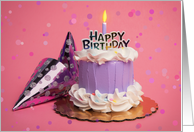 Happy Birthday Purple and Pink Cake With Candle card