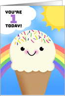 Happy 1st Birthday Happy Ice Cream Cone With Rainbow and Sun card