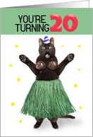 Happy 20th Birthday Funny Cat in Hula Outfit Humor card