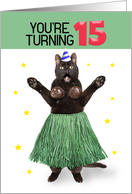 Happy 15th Birthday Funny Cat in Hula Outfit Humor card