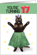 Happy 17th Birthday Funny Cat in Hula Outfit Humor card