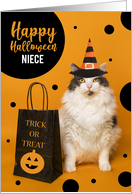 Happy Halloween Niece Cute Cat in Witch Hat Humor card