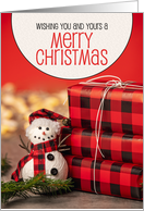 Merry Christmas to You and Yours Cute Festive Snowman With Gifts Photo card