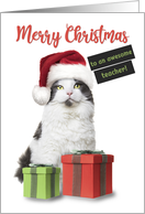 Merry Christmas Teacher Cute Cat With Presents card