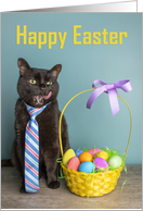 Happy Easter For Anyone Black Cat in Tie With Basket Licking Face card