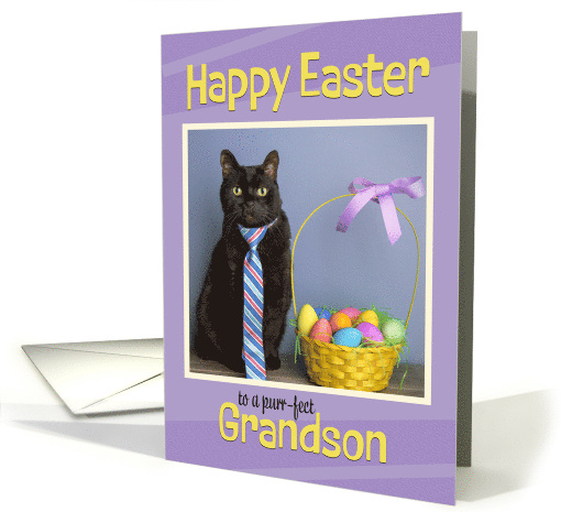 Happy Easter Grandson Cute Cat in Tie With Easter Basket Humor card