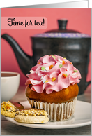 Afternoon Tea Invitation Cute Pink Cupcake With Tea Pot Photograph card