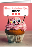 Happy Valentines Day Niece Cute Cupcake Holding Sign Humor card