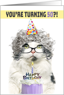 Happy Birthday 50th Funny Old Lady Cat in Party Hat With Cake Humor card
