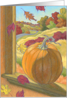 Thanksgiving Scene Colorful Pumpkin and Falling Leaves card