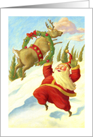 Christmas Santa and Funny Reindeer Jolly Santa and Wreath card