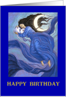 Birthday Moon Goddess and Cat Crescent Moon Fantasy card