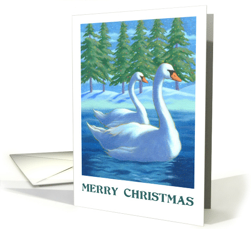 Holidays Christmas Beautiful Swans and Golden Lights on Trees card