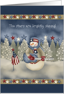 Patriotic Red White and Blue Snowman and Stars Christmas card