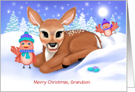 Custom front Grandson Baby Deer and Birds Starry Night Christmas card